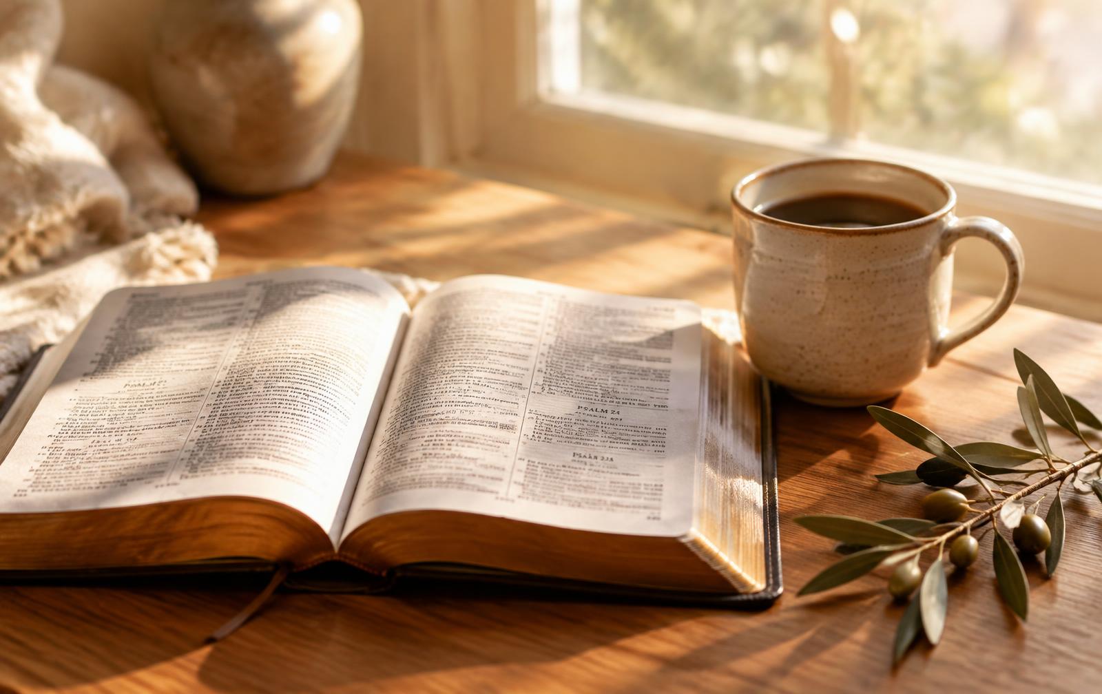 Bíblia aberta ao lado de uma xícara de café na luz da manhã